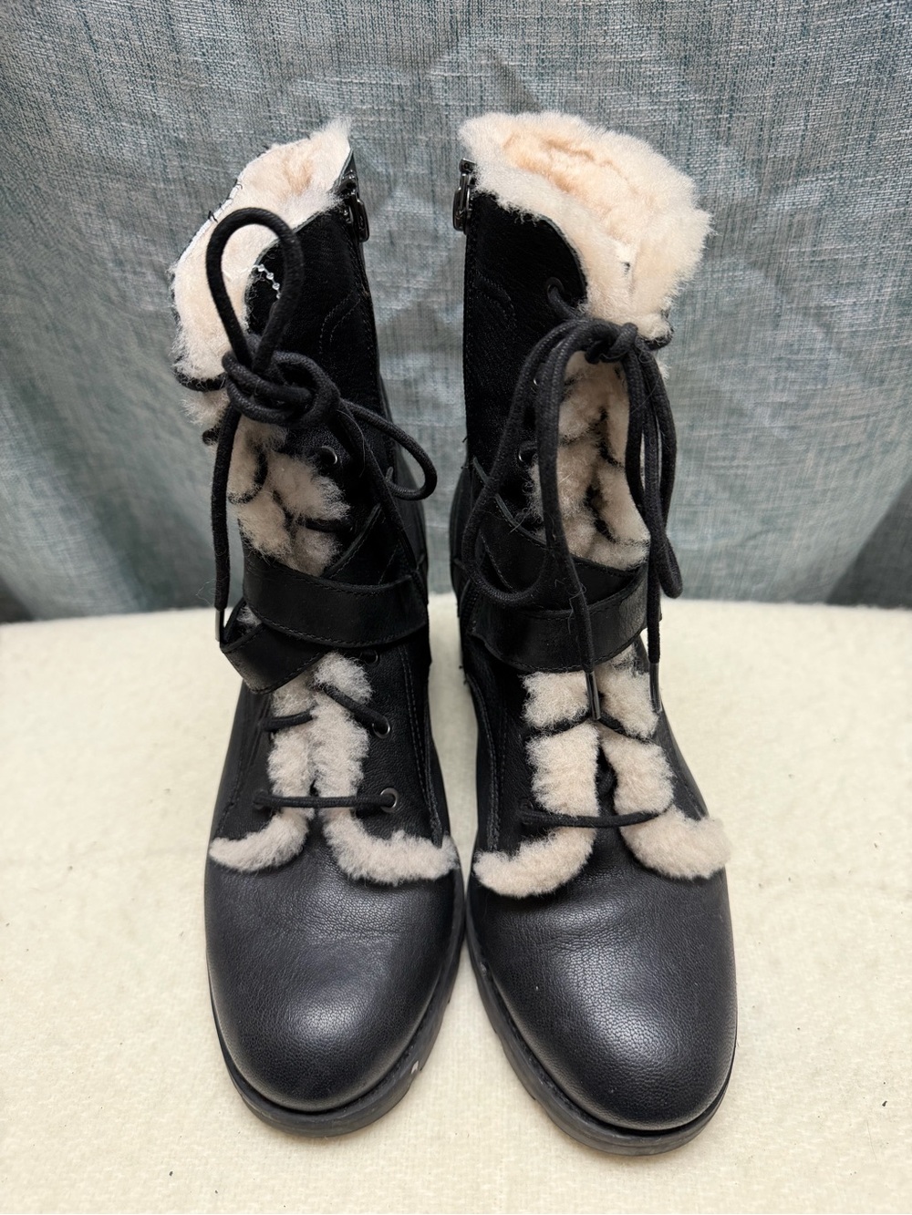 UGG Ingrid Black Lace-Up Women's Boots with Cream Shearling
